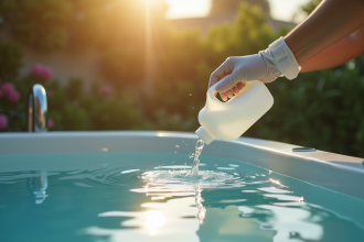 Main avec gant versant du chlore dans un spa extérieur au matin