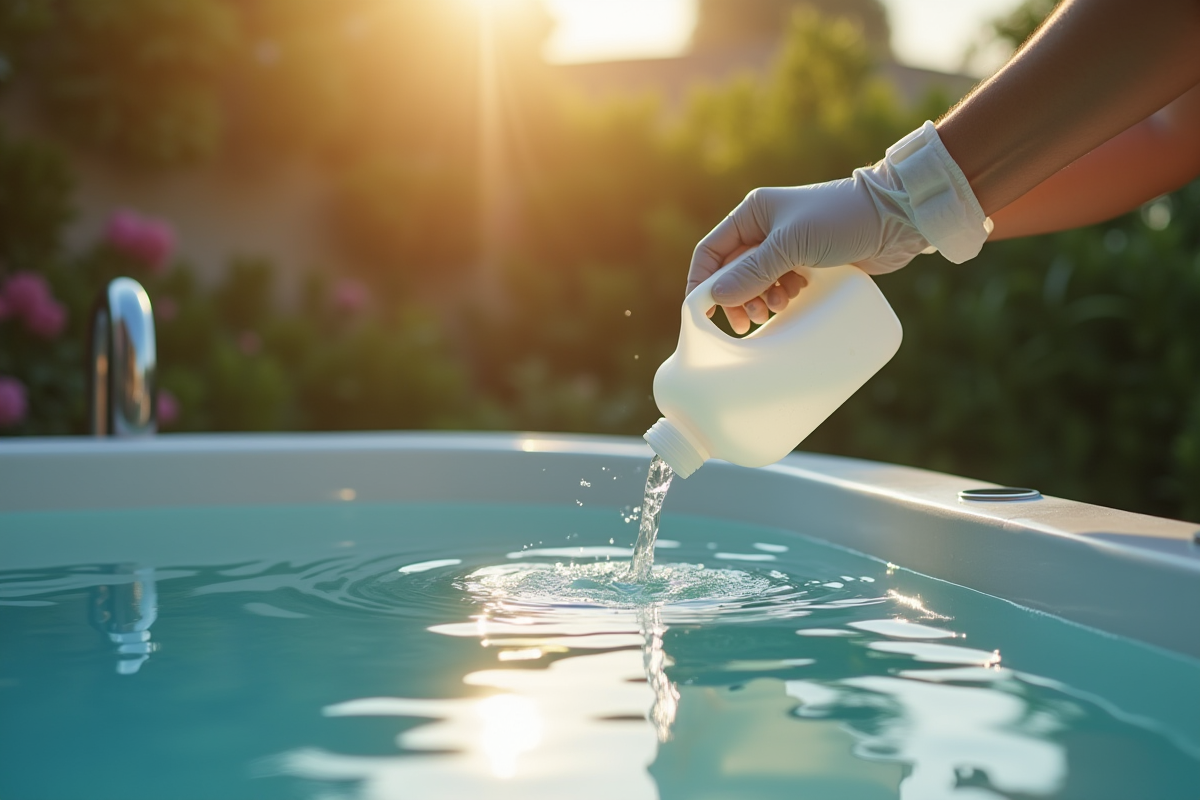 Main avec gant versant du chlore dans un spa extérieur au matin