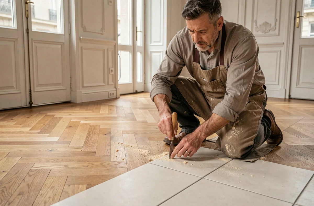 Ébéniste-carreleur travaillant la jonction entre parquet en chêne et carrelage céramique dans un appartement à Lille