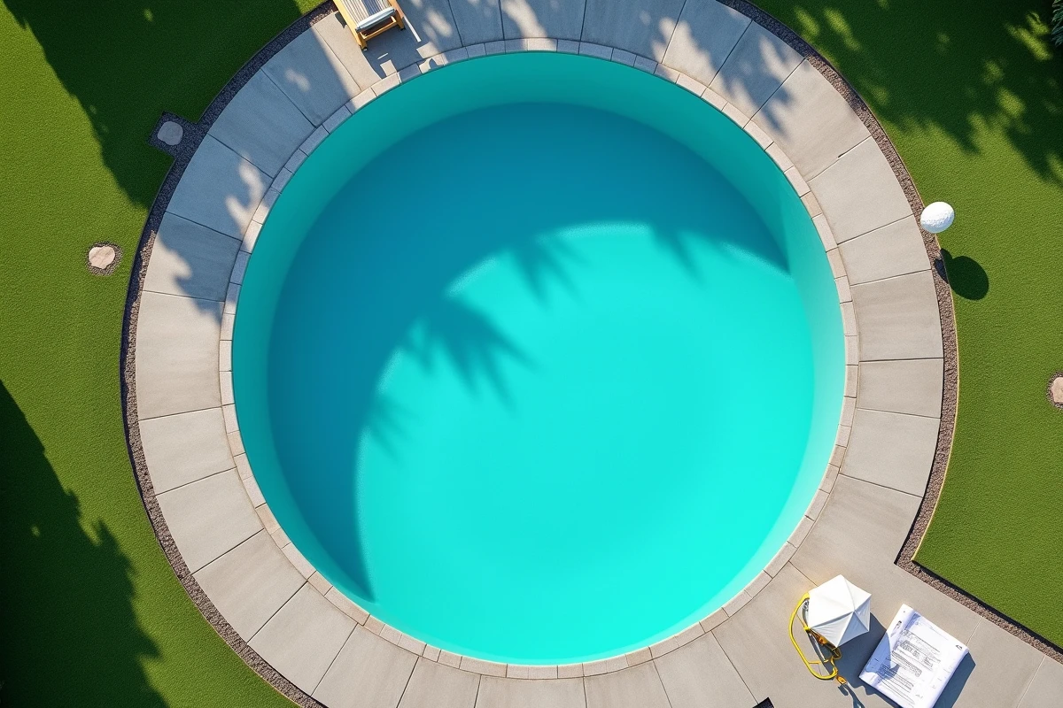 Vue aérienne d'une piscine ronde avec calcul visuel de la surface en m2 pour rénovation
