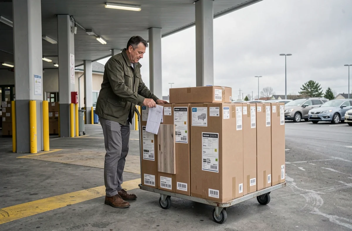 Client récupérant des meubles en kit sur un chariot dans la zone de chargement extérieure d'un magasin Alinea